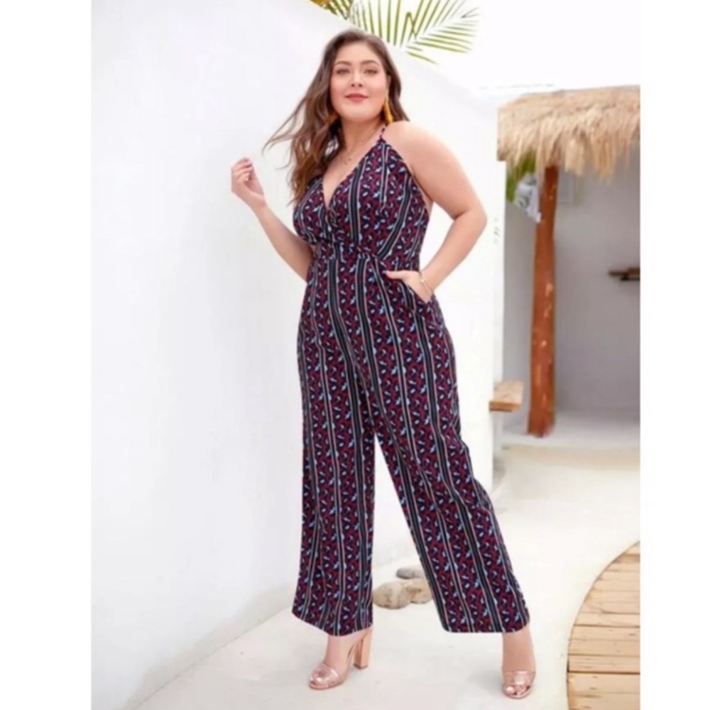 Plus Size Strappy Back Animal Print Pantsuit